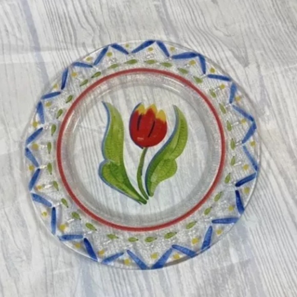 HAND PAINTED TULIP FLOWER ART GLASS Large PLATE Serving Platter Scandinavian - Picture 2 of 9
